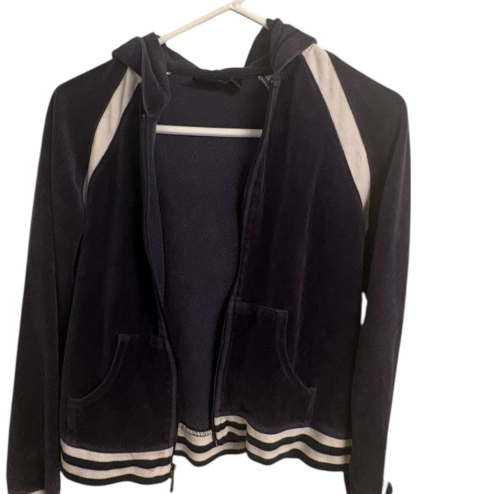 Women’s Navy Velour Hoodie Jacket with Cream Accent